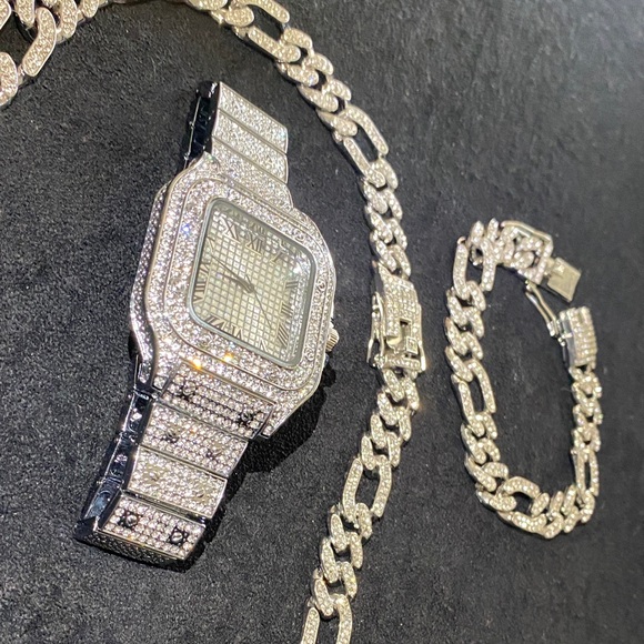 Silver Diamond Watch and Jewelry Set 20 inch Cuban with bracelet